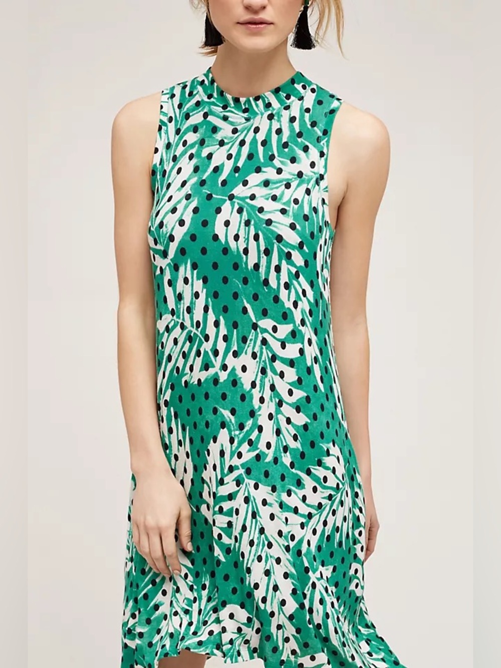 Maeve Anthropologie Womens Medium Caye Swing Dress Green Tropical Palm Polka Dot